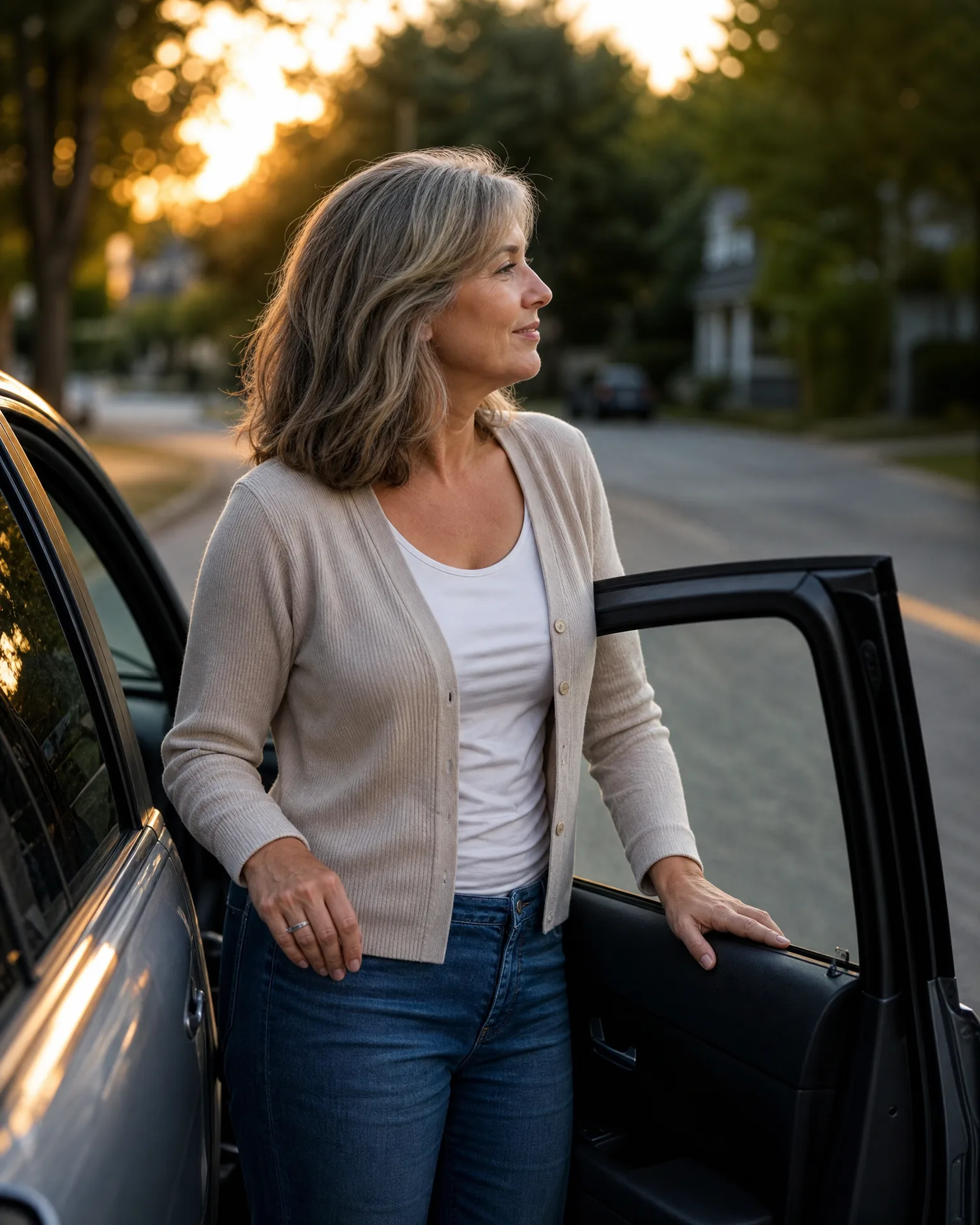 A woman in a cream cardigan, white top and blue jeans stands beside an open car door on a residential street at sunset, looking off to the side.