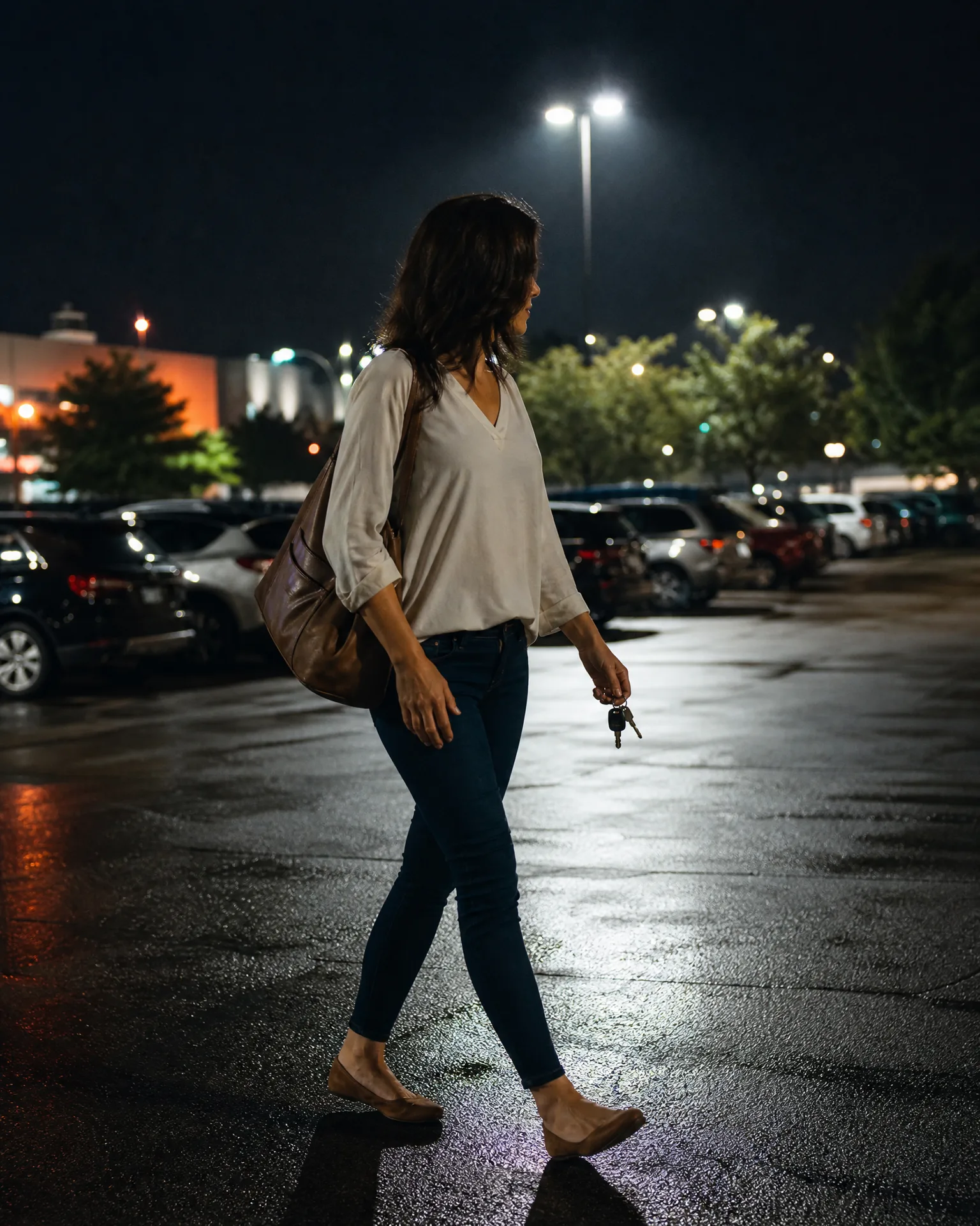 A woman in a white blouse and dark jeans walks across a wet parking lot at night, holding keys and carrying a brown leather shoulder bag, with parked cars and a lit lamppost behind her.