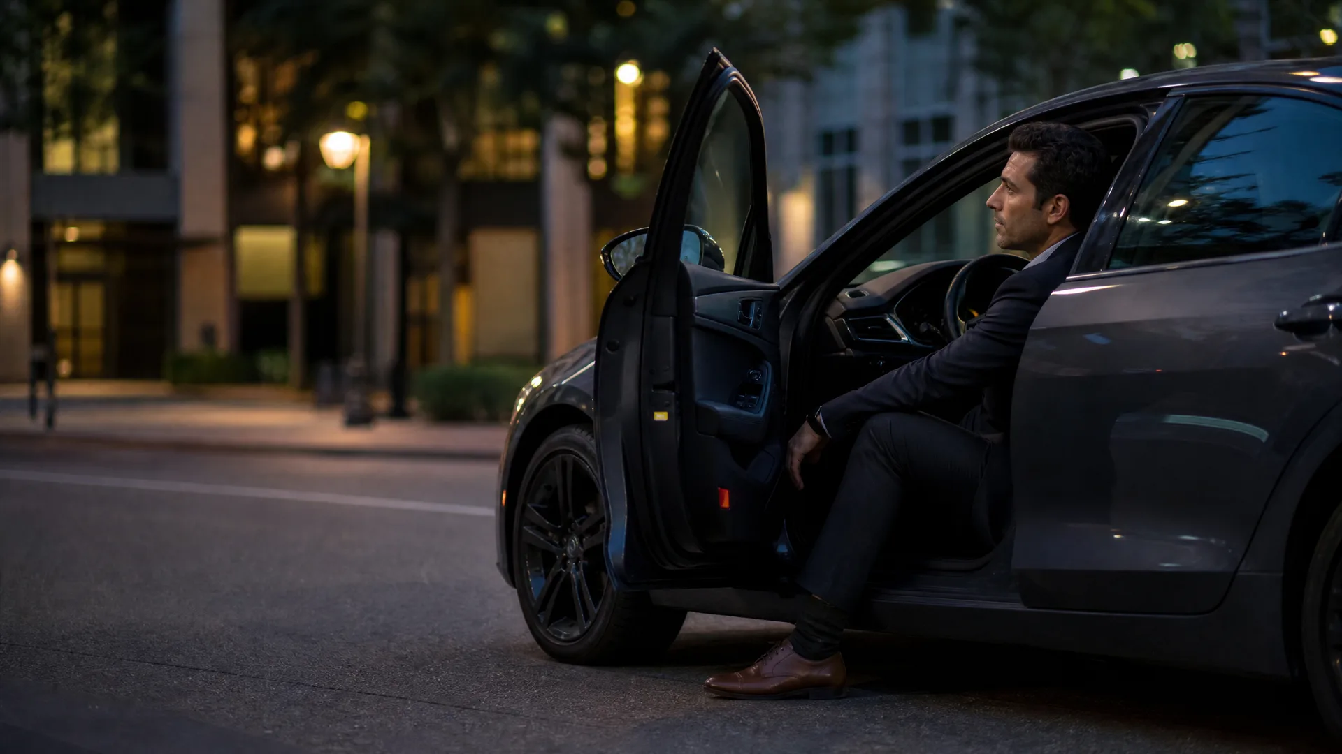 A man in a dark suit and brown leather shoes sits sideways in the open driver's door of a dark gray sedan parked on a city street at dusk, with blurred buildings and streetlights behind.