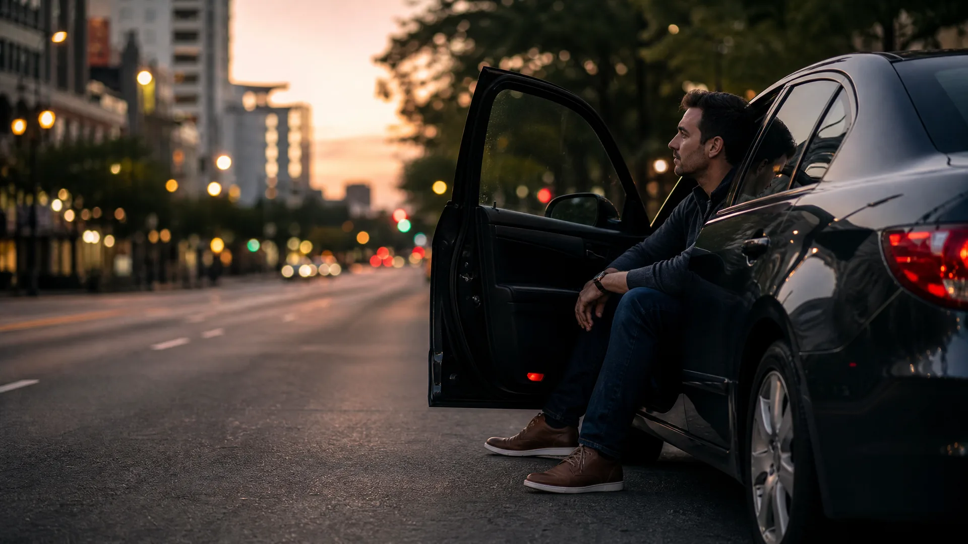 A man in a dark jacket and jeans sits in the open rear doorway of a dark sedan parked on a city street at dusk, with blurred buildings and lights in the background.