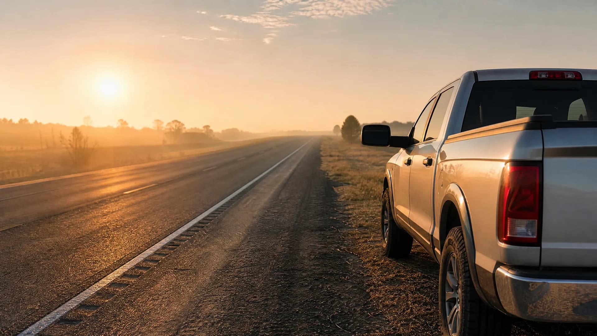 A silver pickup truck parked on the dirt shoulder of a two-lane highway at sunrise, with flat fields and low trees in the hazy distance.