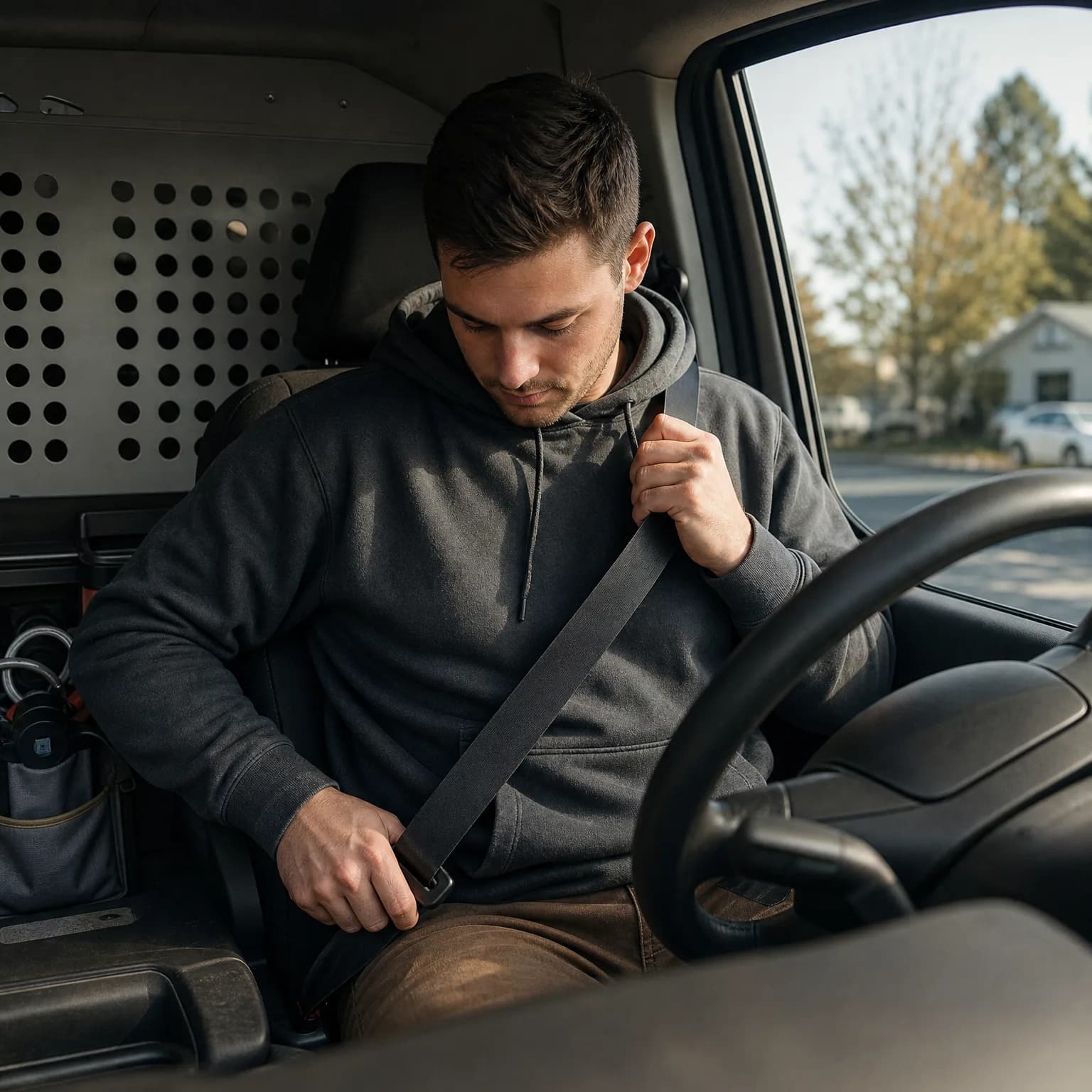 A man in a dark hooded sweatshirt sits in the driver's seat of a van, pulling the seat belt across his chest toward the buckle, with a perforated cargo partition behind him and trees and a house visible through the window.