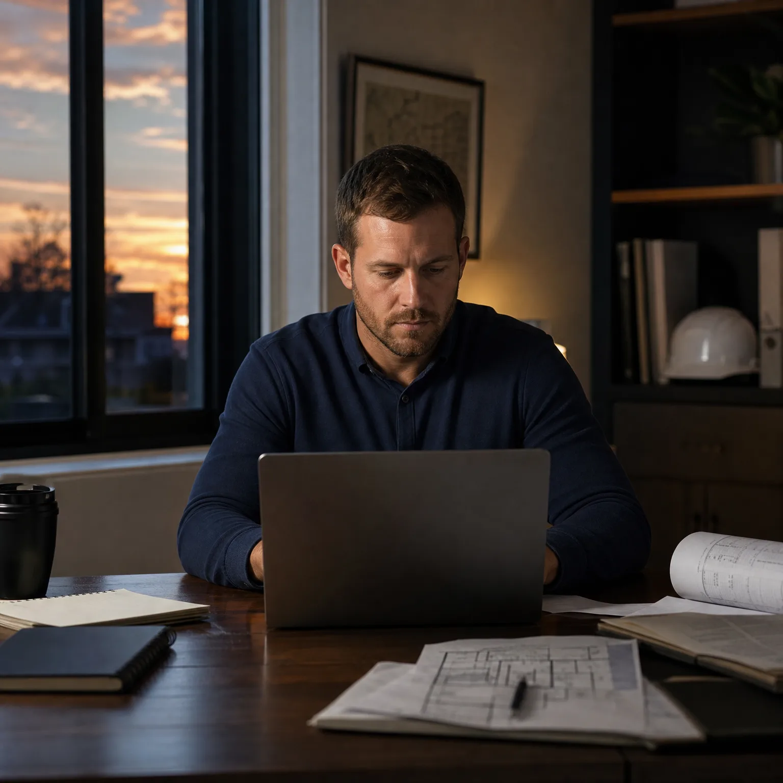 A man in a dark long-sleeved shirt sits at a wooden desk working on a laptop, with blueprints, notebooks, a travel mug and a hard hat on a shelf nearby, and a window showing a sunset sky behind him.