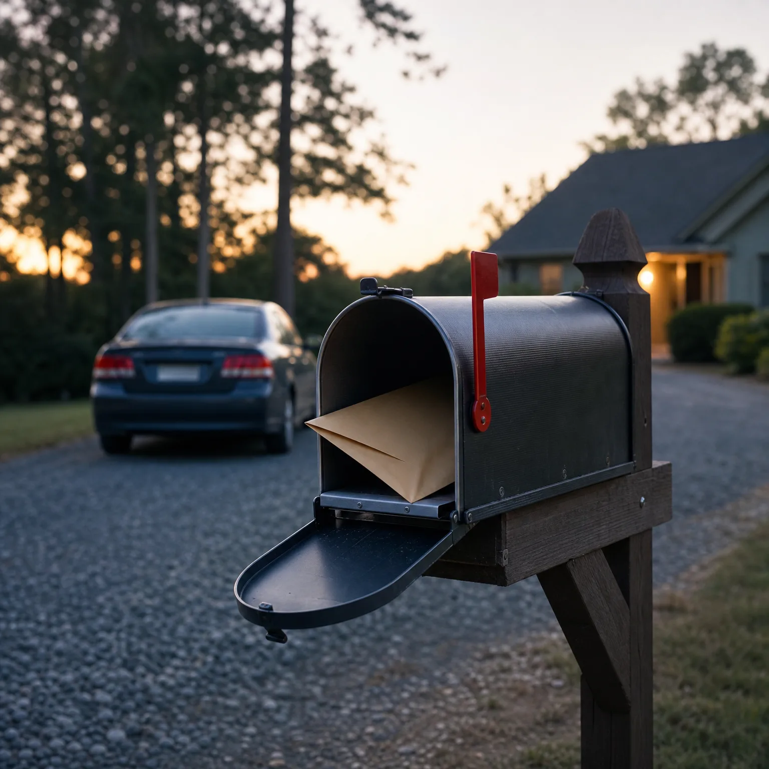 An open black mailbox with a raised red flag on a wooden post holds a tan envelope, with a dark sedan parked on a gravel driveway and a lit house porch in the blurred background at dusk.