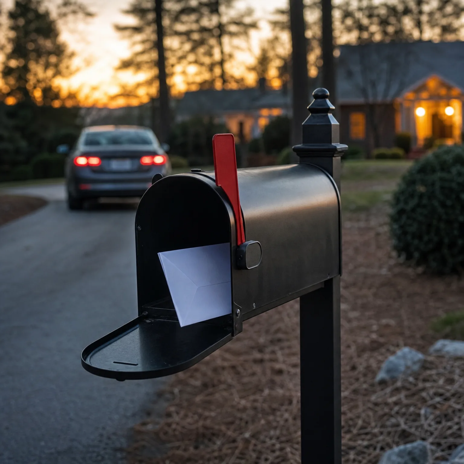 An open black mailbox with its red flag raised holds a white envelope, mounted on a post beside a residential street at dusk, with a car and lit house blurred in the background.
