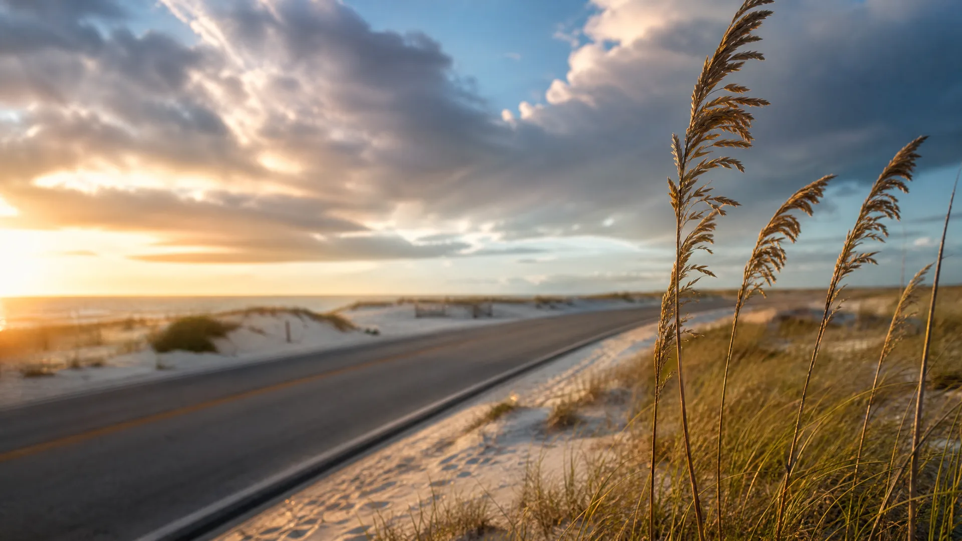 A two-lane asphalt road with a yellow center line curves through sand dunes beside the ocean at sunset, with tall sea oats in sharp focus in the right foreground under a cloud-streaked sky.