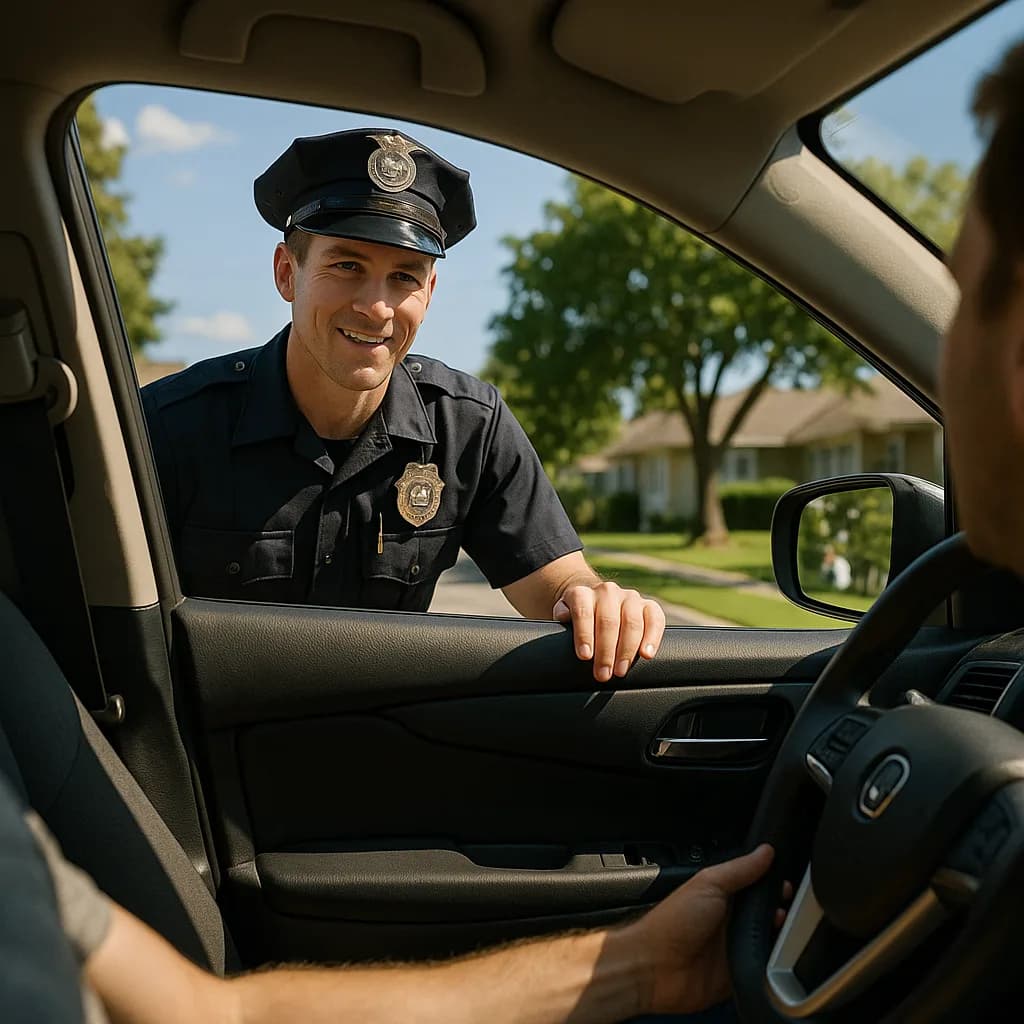 Police officer in uniform smiling while speaking to driver through car window during traffic stop