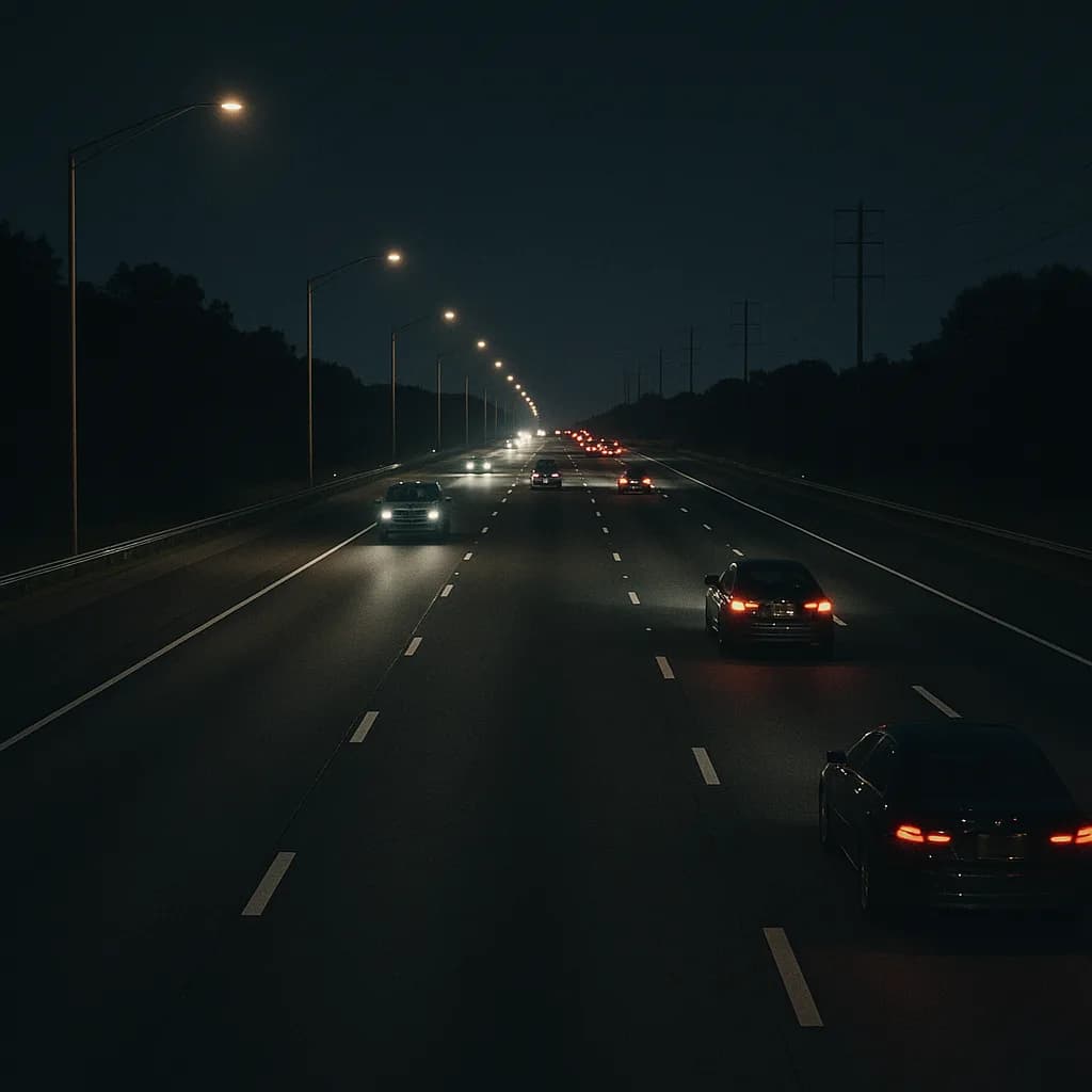 Nighttime highway with cars and street lights stretching into the distance at dusk