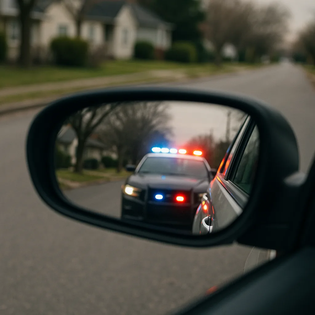 Police car with flashing lights visible in side mirror on residential street