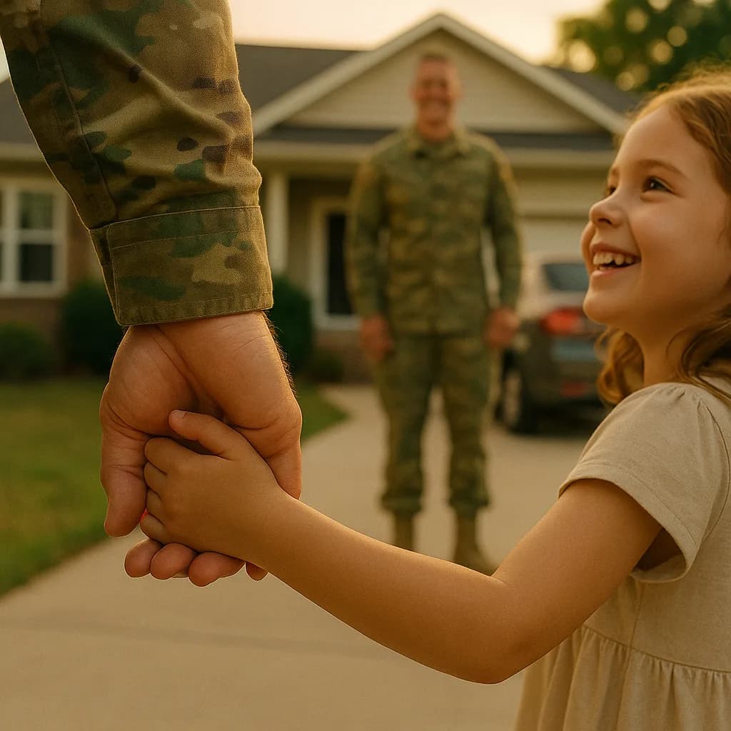 Young girl holding hands with military parent during emotional homecoming reunion outside suburban house