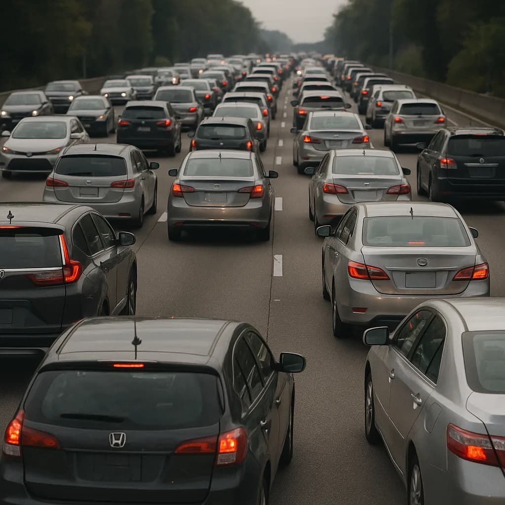 Heavy traffic congestion on a multi-lane highway with cars at standstill and brake lights illuminated