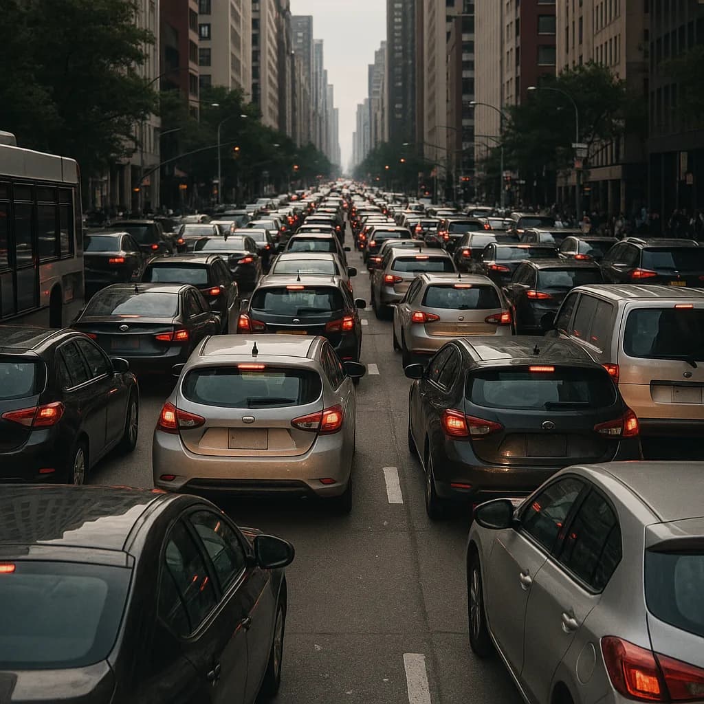 Heavy traffic congestion on city street with cars packed bumper-to-bumper between tall buildings