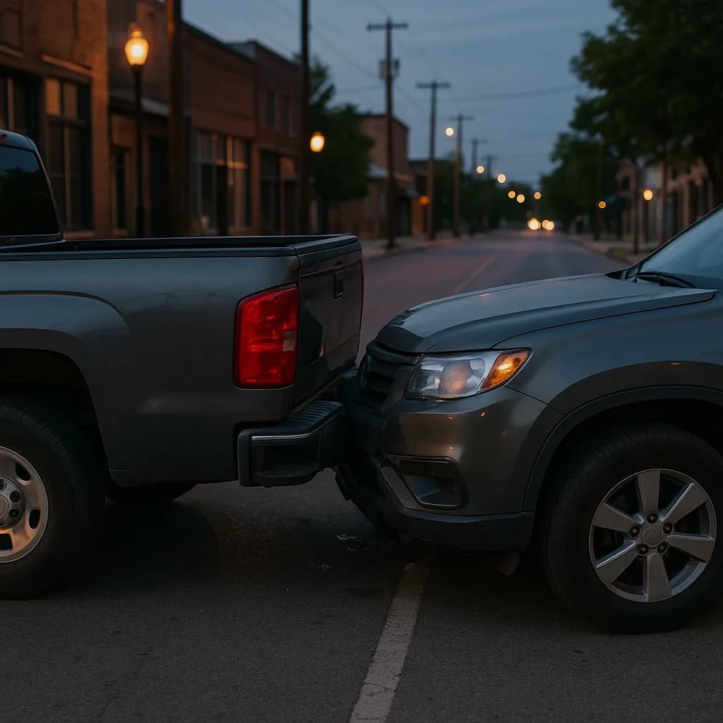 Two vehicles in a minor fender bender collision on a small town street at dusk