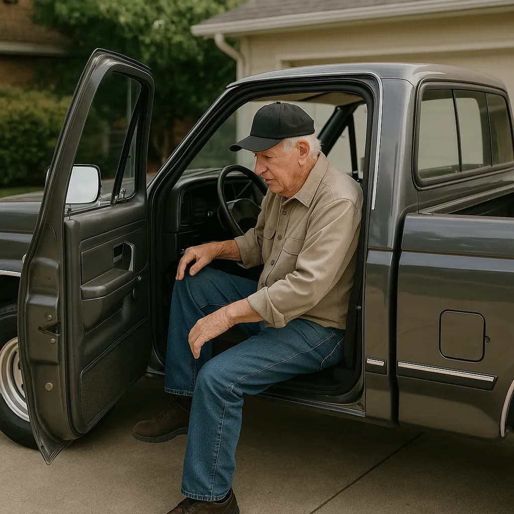 Elderly man in black cap sitting in open door of gray pickup truck at home