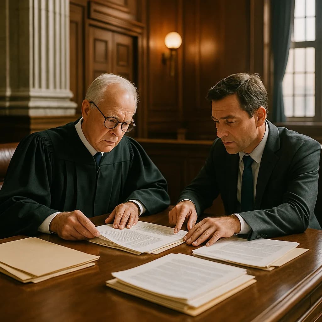 Judge and lawyer reviewing legal documents together at desk in traditional courtroom chambers