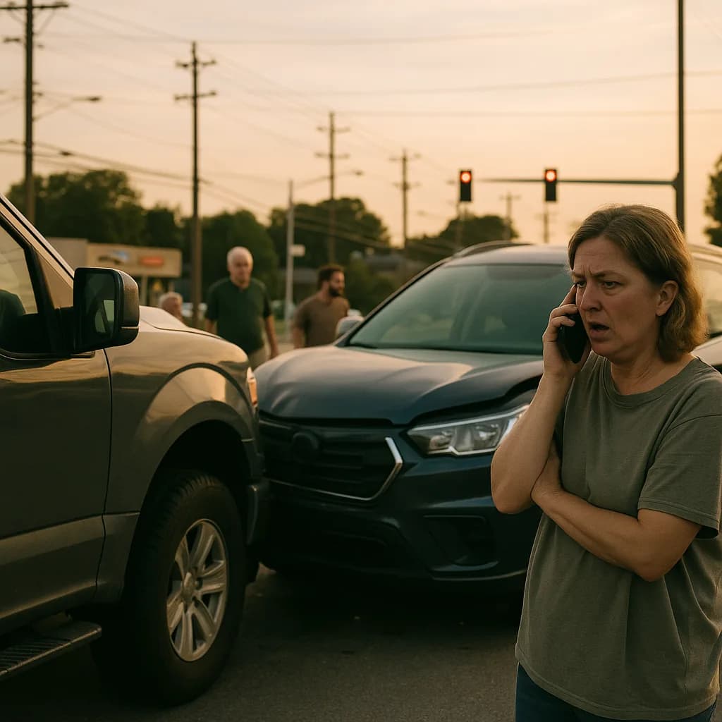 Woman on phone at car accident scene with damaged vehicles during sunset