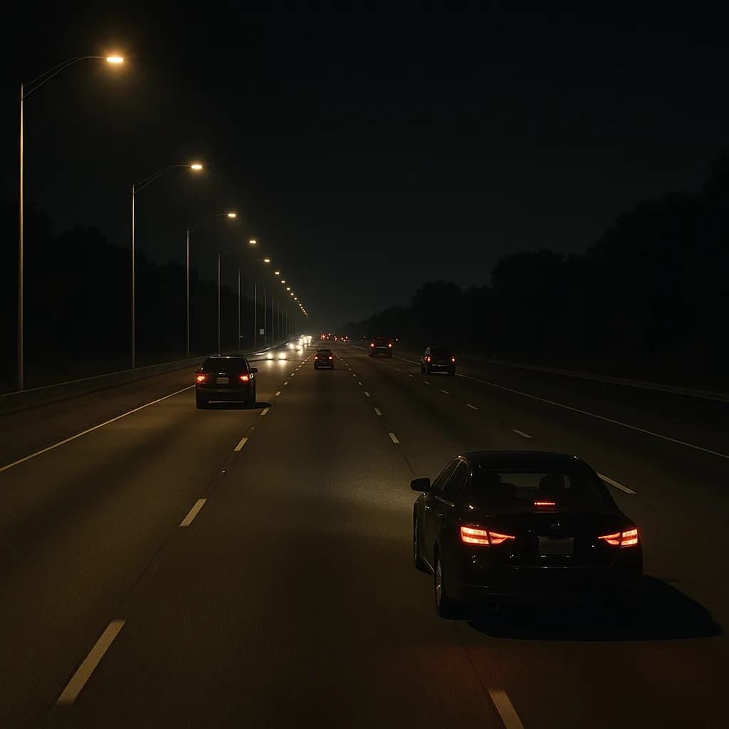 Night highway with streetlights and cars driving in multiple lanes under dark sky