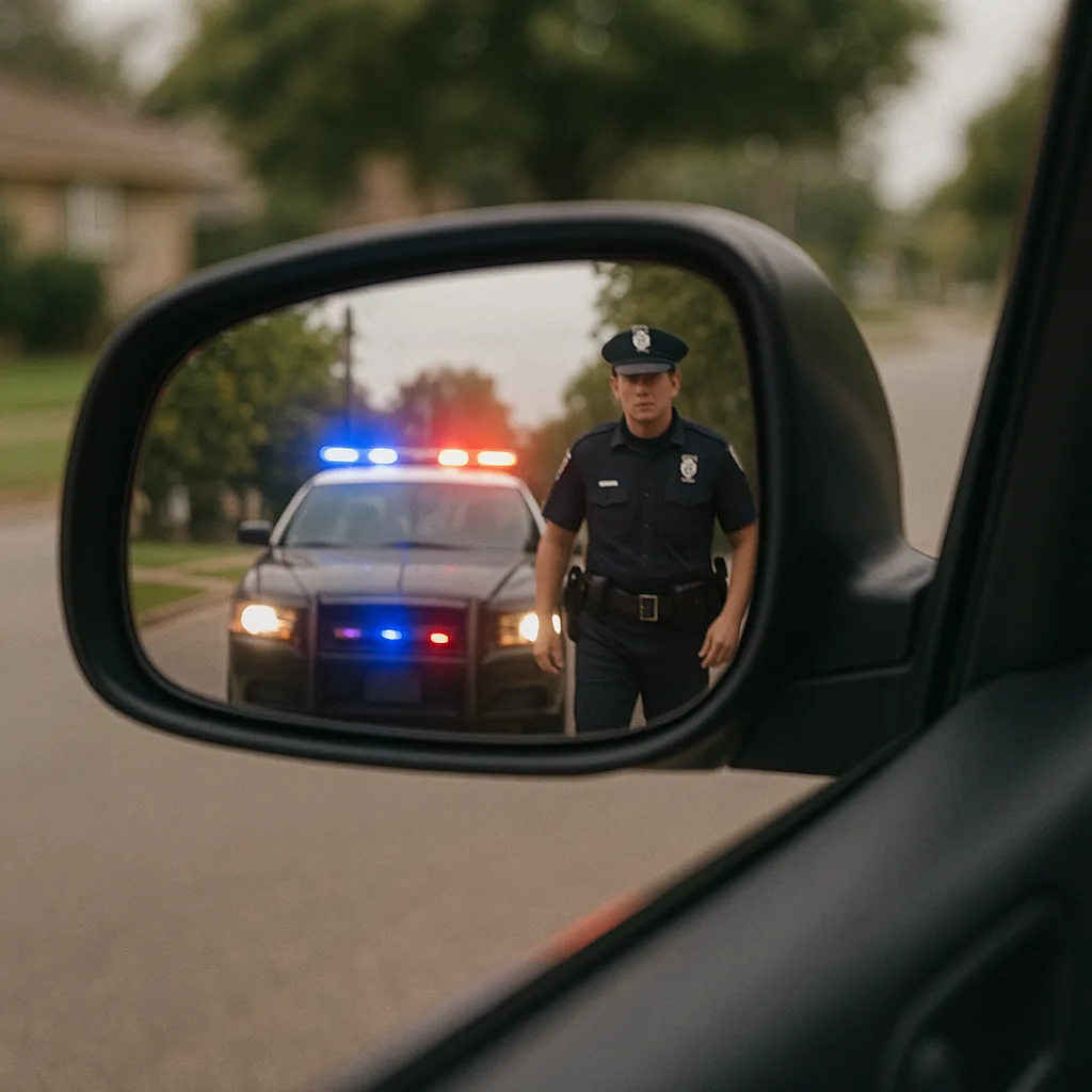 Police officer approaching vehicle in side mirror with patrol car lights flashing behind
