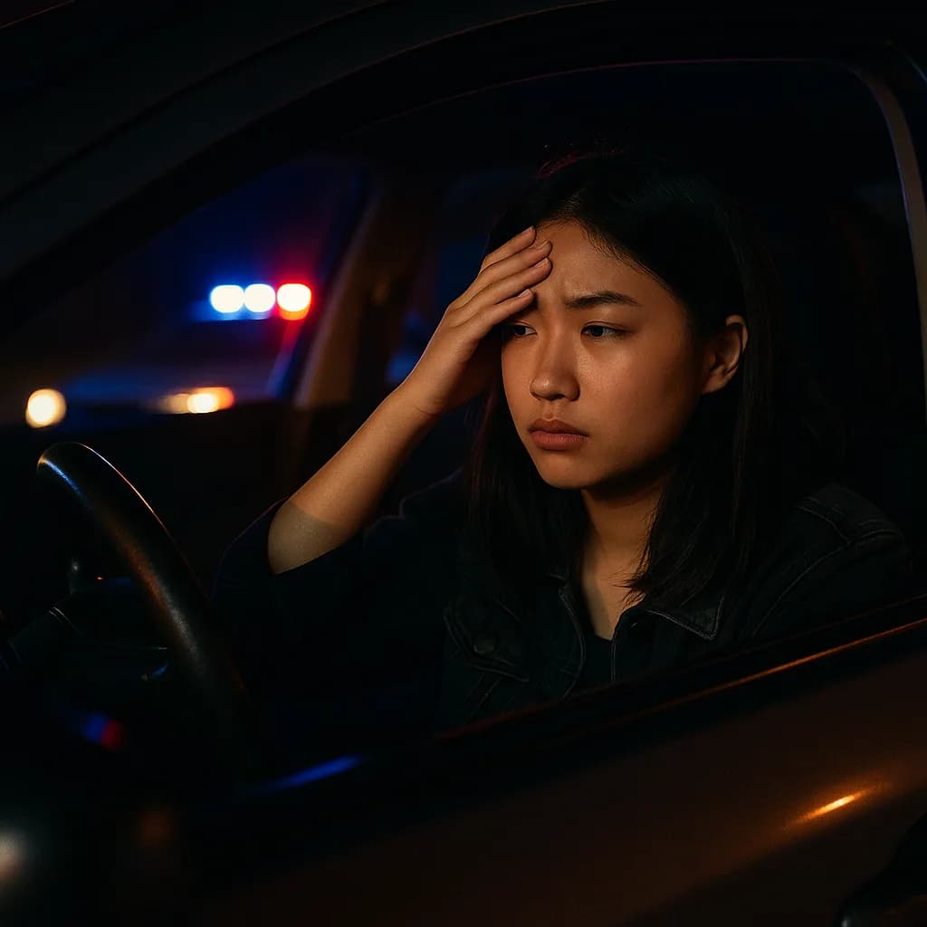 Worried woman in car at night with police lights visible in background during traffic stop