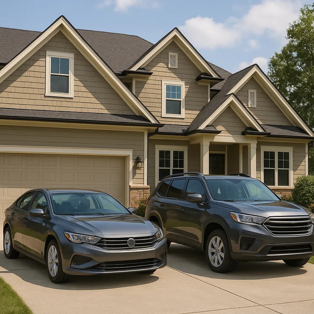 Two cars parked in driveway of modern suburban house with gray siding and multiple gables