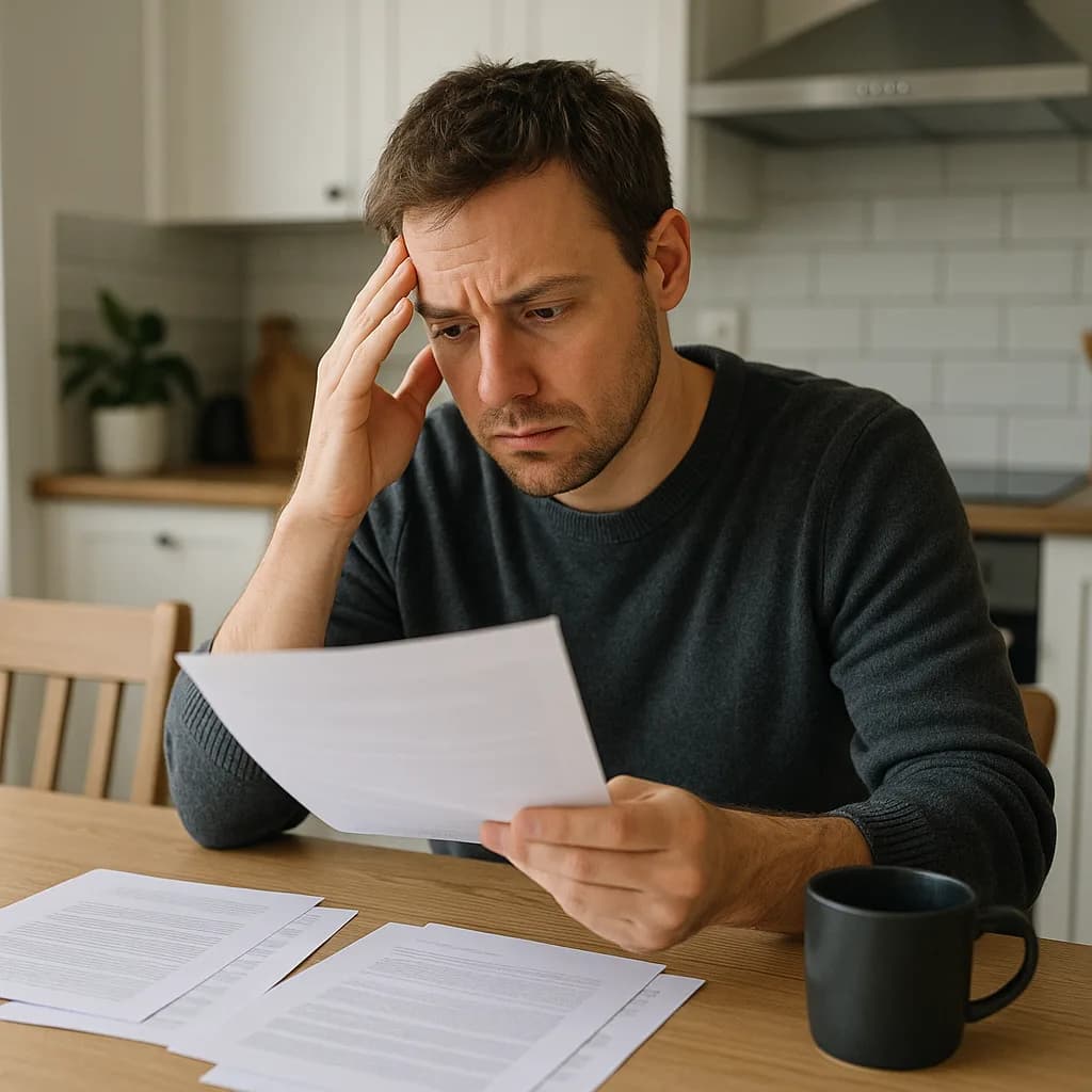 Worried man reviewing bills and financial documents at kitchen table with stressed expression